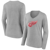 Detroit Red Wings Women's Primary Logo Team Long Sleeve V-Neck T-Shirt - Heather Gray T-shirts