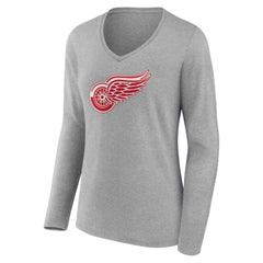 Detroit Red Wings Women's Primary Logo Team Long Sleeve V-Neck T-Shirt - Heather Gray T-shirts