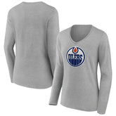 Edmonton Oilers Women's Primary Logo Team Long Sleeve V-Neck T-Shirt - Heather Gray T-shirts