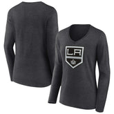 Los Angeles Kings Women's Primary Team Logo Long Sleeve V-Neck T-Shirt - Heather Charcoal T-shirts
