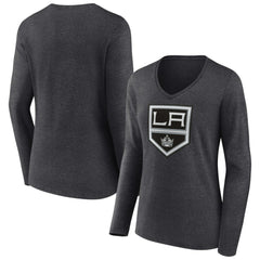 Los Angeles Kings Women's Primary Team Logo Long Sleeve V-Neck T-Shirt - Heather Charcoal T-shirts