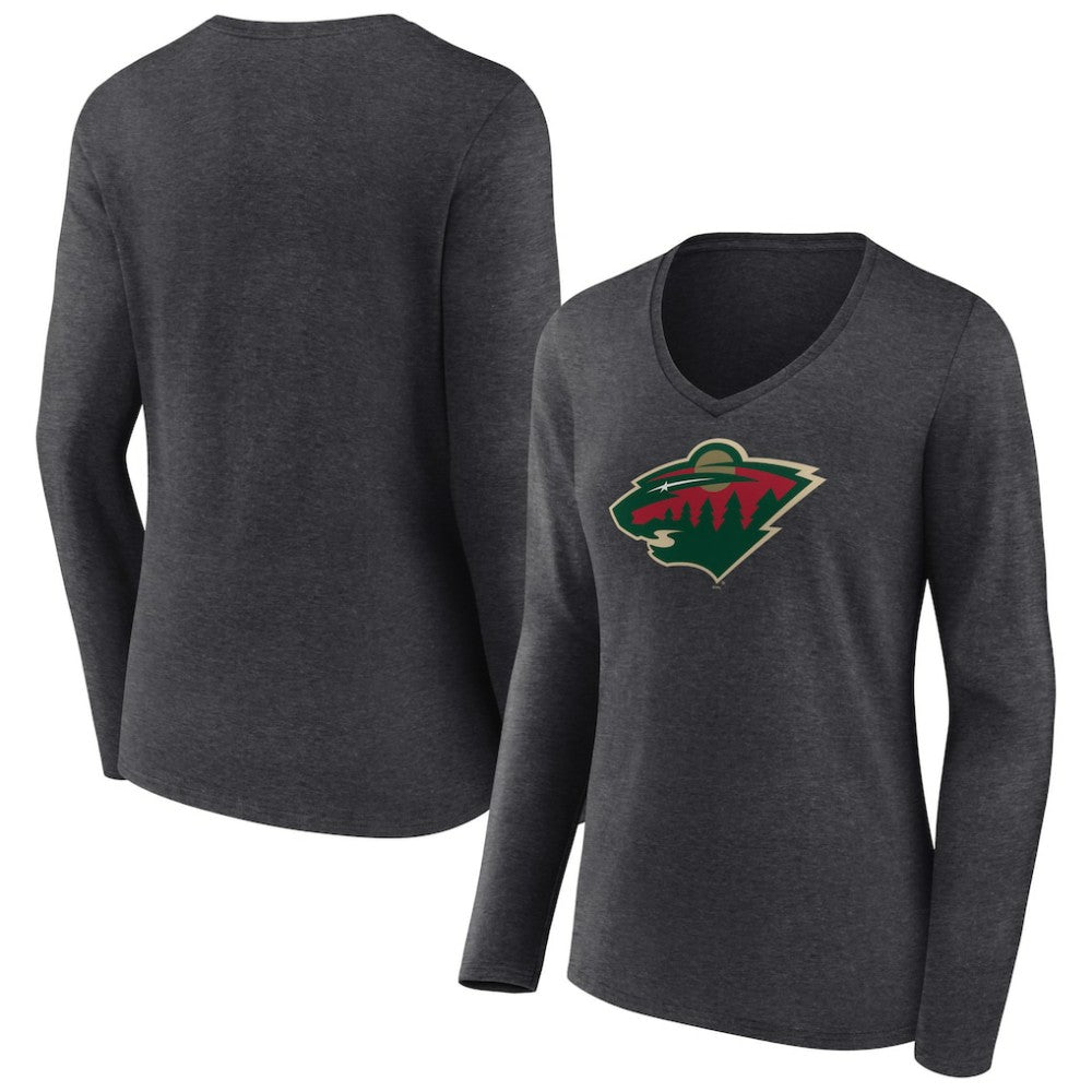 Minnesota Wild Women's Primary Team Logo Long Sleeve V-Neck T-Shirt - Heather Charcoal T-shirts