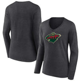Minnesota Wild Women's Primary Team Logo Long Sleeve V-Neck T-Shirt - Heather Charcoal T-shirts