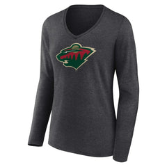 Minnesota Wild Women's Primary Team Logo Long Sleeve V-Neck T-Shirt - Heather Charcoal T-shirts