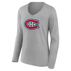 Montreal Canadiens Women's Primary Logo Team Long Sleeve V-Neck T-Shirt - Heather Gray T-shirts