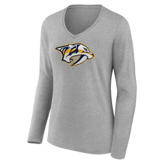 Nashville Predators Women's Primary Logo Team Long Sleeve V-Neck T-Shirt - Heather Gray T-shirts
