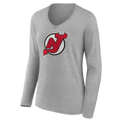 New Jersey Devils Women's Primary Logo Team Long Sleeve V-Neck T-Shirt - Heather Gray T-shirts