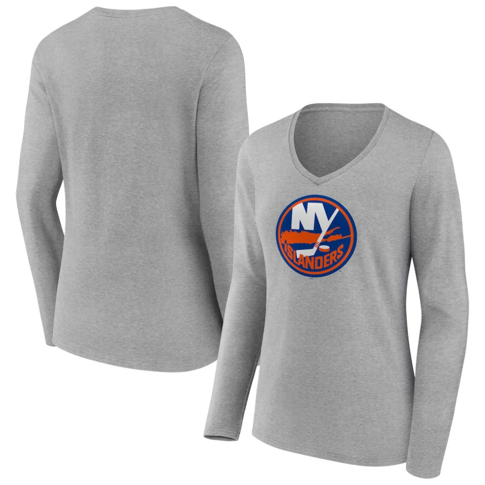 New York Islanders Women's Primary Logo Team Long Sleeve V-Neck T-Shirt - Heather Gray T-shirts