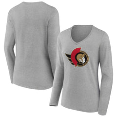 Ottawa Senators Women's Primary Logo Team Long Sleeve V-Neck T-Shirt - Heather Gray T-shirts