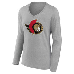 Ottawa Senators Women's Primary Logo Team Long Sleeve V-Neck T-Shirt - Heather Gray T-shirts