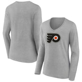 Philadelphia Flyers Women's Primary Logo Team Long Sleeve V-Neck T-Shirt - Heather Gray T-shirts