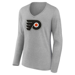 Philadelphia Flyers Women's Primary Logo Team Long Sleeve V-Neck T-Shirt - Heather Gray T-shirts