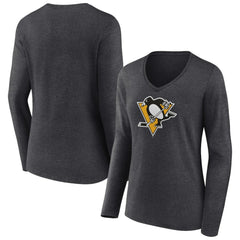 Pittsburgh Penguins Women's Primary Team Logo Long Sleeve V-Neck T-Shirt - Heather Charcoal T-shirts