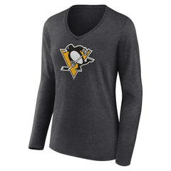 Pittsburgh Penguins Women's Primary Team Logo Long Sleeve V-Neck T-Shirt - Heather Charcoal T-shirts