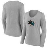 San Jose Sharks Women's Primary Logo Team Long Sleeve V-Neck T-Shirt - Heather Gray T-shirts