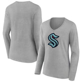 Seattle Kraken Women's Primary Logo Team Long Sleeve V-Neck T-Shirt - Heather Gray T-shirts