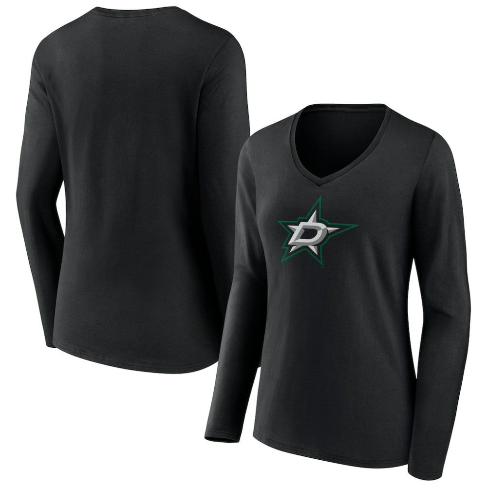 Dallas Stars Women's Primary Team Logo Long Sleeve V-Neck T-Shirt - Black T-shirts