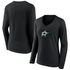 Dallas Stars Women's Primary Team Logo Long Sleeve V-Neck T-Shirt - Black T-shirts