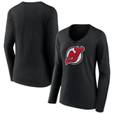 New Jersey Devils Women's Primary Team Logo Long Sleeve V-Neck T-Shirt - Black T-shirts