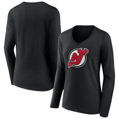 New Jersey Devils Women's Primary Team Logo Long Sleeve V-Neck T-Shirt - Black T-shirts
