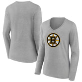 Boston Bruins Women's Primary Logo Team Long Sleeve V-Neck T-Shirt - Heather Gray T-shirts