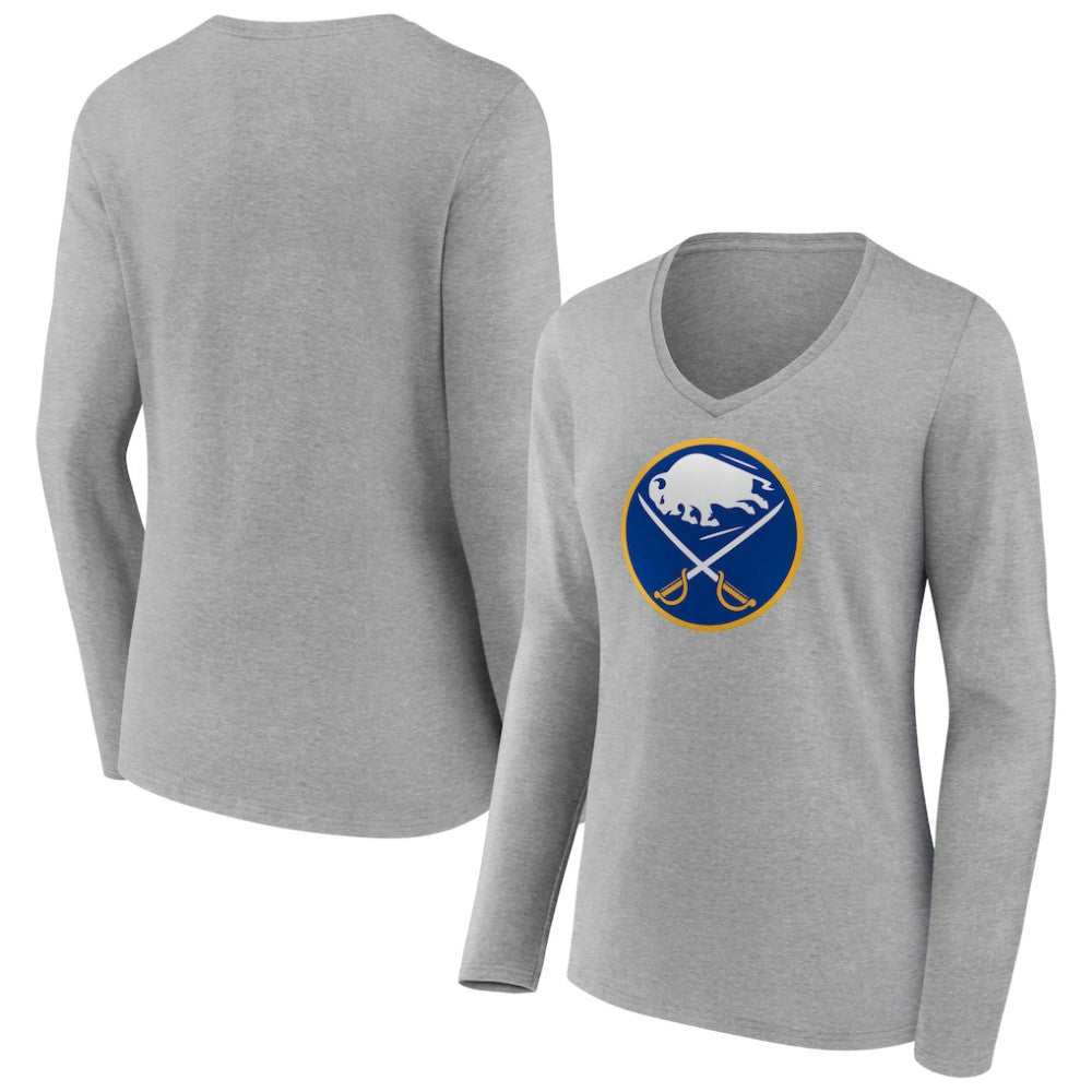 Buffalo Sabres Women's Primary Logo Team Long Sleeve V-Neck T-Shirt - Heather Gray T-shirts