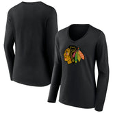 Chicago Blackhawks Women's Primary Team Logo Long Sleeve V-Neck T-Shirt - Black T-shirts