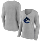 Vancouver Canucks Women's Primary Logo Team Long Sleeve V-Neck T-Shirt - Heather Gray T-shirts