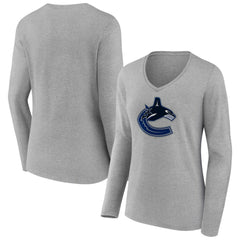 Vancouver Canucks Women's Primary Logo Team Long Sleeve V-Neck T-Shirt - Heather Gray T-shirts