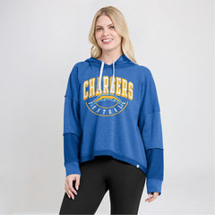 Los Angeles Chargers Women's Lightewight Modest Crop Lounge Helmet Arch Pullover Hoodie - Powder Blue for sale