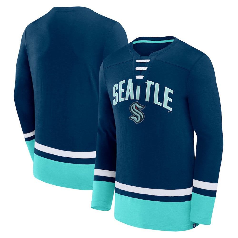 Seattle Kraken Fanatics Back Pass Lace-Up Long Sleeve T-Shirt - Deep Sea Blue T-shirts