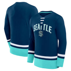 Seattle Kraken Fanatics Back Pass Lace-Up Long Sleeve T-Shirt - Deep Sea Blue T-shirts