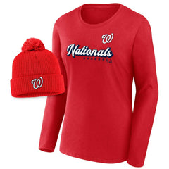 Washington Nationals Women's Run The Bases Long Sleeve T-Shirt & Cuffed Knit Hat with Pom Combo Set Red