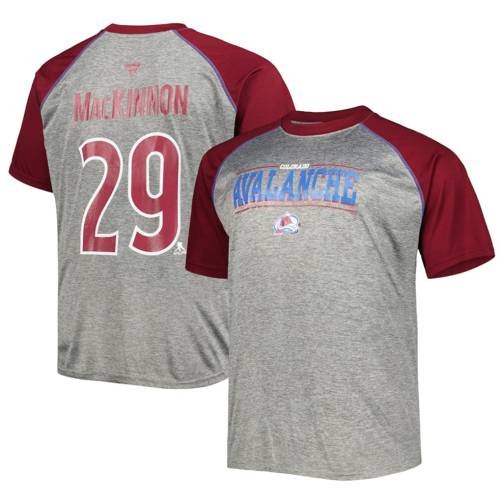 Nathan MacKinnon Colorado Avalanche Fanatics Big & Tall Contrast Raglan Name & Number T-Shirt - Heather Gray/Burgundy T-shirts