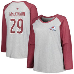 Nathan MacKinnon Colorado Avalanche Fanatics Women's Plus Size Name & Number Raglan Long Sleeve T-Shirt - Heather Gray/Heather Burgundy T-shirts