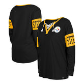 Pittsburgh Steelers New Era Women's Lace-Up Notch Neck Long Sleeve T-Shirt - Black outlet