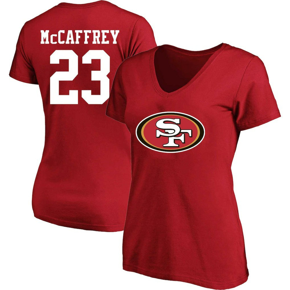 Christian McCaffrey San Francisco 49ers Women's Plus Size Fair Catch Name & Number Scoop Neck T-Shirt - Scarlet for sale