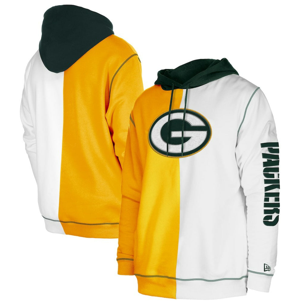 Green Bay Packers New Era Third Down Split Raglan Pullover Hoodie - Gold/White on sale