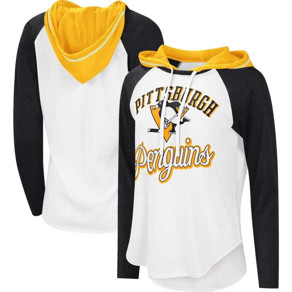 Pittsburgh Penguins G-III 4Her by Carl Banks Women's MVP Raglan Lightweight Hooded T-Shirt - White/Heather Black T-shirts