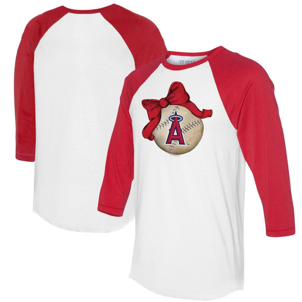 Los Angeles Angels Tiny Turnip Women's Baseball Bow 3/4-Sleeve Raglan T-Shirt White/Red