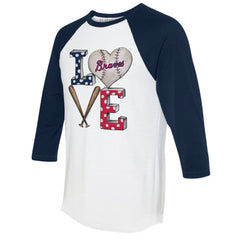 Atlanta Braves Tiny Turnip Women's Baseball Love Raglan 3/4-Sleeve T-Shirt White/Navy