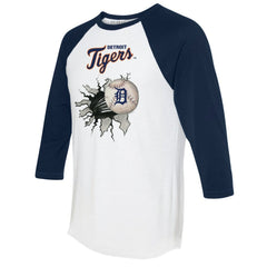 Detroit Tigers Tiny Turnip Women's Baseball Tear 3/4-Sleeve Raglan T-Shirt White/Navy