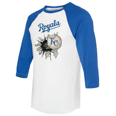 Kansas City Royals Tiny Turnip Women's Baseball Tear 3/4-Sleeve Raglan T-Shirt White/Royal