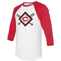 Cincinnati Reds Tiny Turnip Women's Diamond Cross Bats 3/4-Sleeve Raglan T-Shirt White/Red
