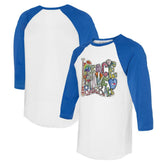 Toronto Blue Jays Tiny Turnip Women's Peace Love Baseball 3/4-Sleeve Raglan T-Shirt White/Royal