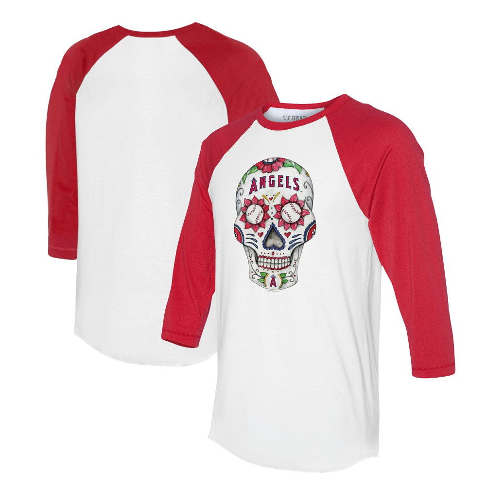 Los Angeles Angels Tiny Turnip Unisex Sugar Skull 3/4-Sleeve Raglan T-Shirt White/Red