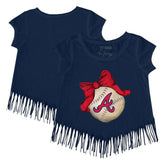 Atlanta Braves Tiny Turnip Girls Youth Baseball Bow Fringe T-Shirt Navy