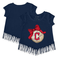 Cleveland Guardians Tiny Turnip Girls Youth Baseball Bow Fringe T-Shirt Navy