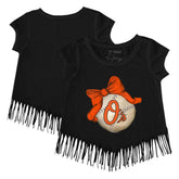 Baltimore Orioles Tiny Turnip Girls Youth Baseball Bow Fringe T-Shirt Black