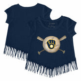 Milwaukee Brewers Tiny Turnip Girls Youth Baseball Cross Bats Fringe T-Shirt Navy